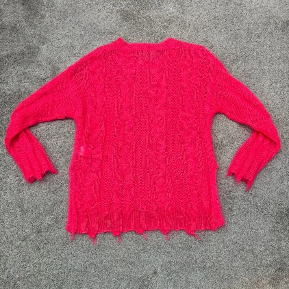 Anthropologie Posey Stitchy Distressed Open Knit Wool Sweater Pink Size XS